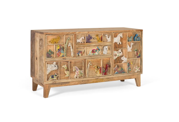 Giner y Colomer Commode 5 tiroirs en bois de manguier massif avec sculptures animales peintes à la main - Détails uniques, pattes 12 cm